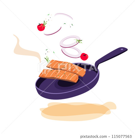 Salmon cooked in a frying pan 115077563