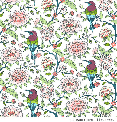 Seamless pattern with colorful chinoiserie hand drawn flowers and birds motifs Seamless pattern with colorful chinoiserie hand drawn flowers and birds motifs 115077659