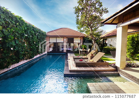 Beautiful contemporary home with pool and tropical ornament and plants pool with view of tropical blue water in clean garden 115077687