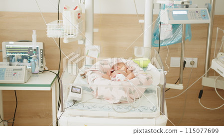 Two-day-old newborn baby in intensive care unit in a medical incubator. Newborn rescue concept. The work of resuscitation doctors. A newborn child in the hospital. Baby in vertex inside incubator. Two-day-old newborn baby in intensive care unit in a medical incubator. Newborn rescue concept. The work of resuscitation doctors. A newborn child in the hospital. Baby in vertex inside incubator. 115077699