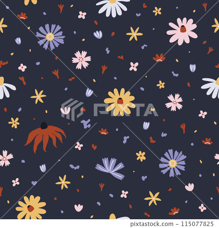 Colorful wild flowers on dark background seamless pattern Colorful wild flowers on dark background seamless pattern 115077825