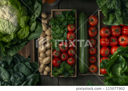 新鮮的各種蔬菜分類整齊擺放在木板上 新鮮的各種蔬菜分類整齊擺放在木板上 115077902