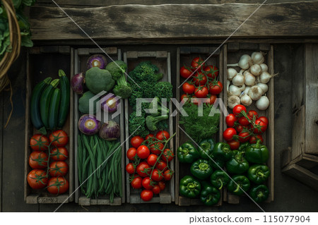 新鮮的各種蔬菜分類整齊擺放在木板上 新鮮的各種蔬菜分類整齊擺放在木板上 115077904
