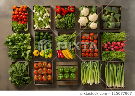 Fresh various vegetables neatly arranged in categories on wooden boards Fresh various vegetables neatly arranged in categories on wooden boards 115077907