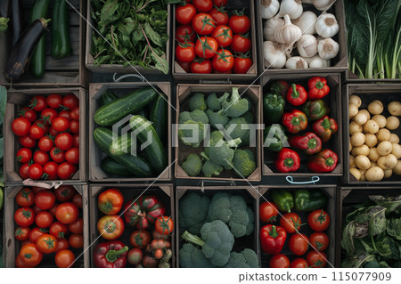 Fresh various vegetables neatly arranged in categories on wooden boards 115077909