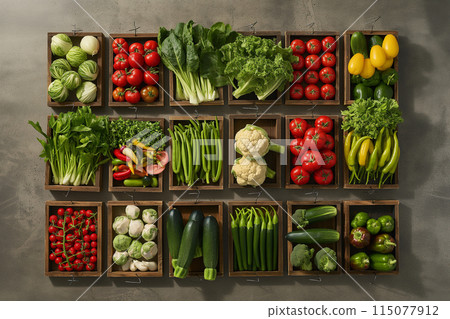 新鮮的各種蔬菜分類整齊擺放在木板上 新鮮的各種蔬菜分類整齊擺放在木板上 115077912
