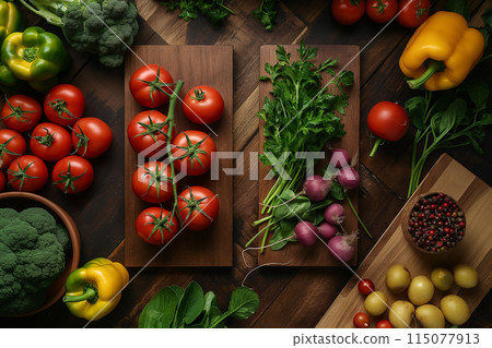 新鮮的各種蔬菜分類整齊擺放在木板上 新鮮的各種蔬菜分類整齊擺放在木板上 115077913