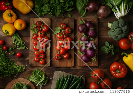 Fresh various vegetables neatly arranged in categories on wooden boards 115077916