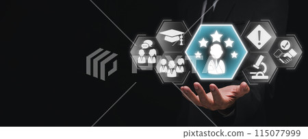 Expertise concept, Businessman hand holding expert, consulting, knowledge, team, advice, research and trust icon on virtual screen, 115077999