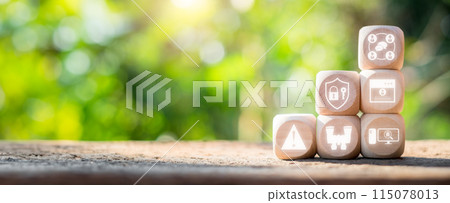 Social engineering concept, Wooden block on desk with phishing, access, password, baiting, scareware and spying icon on virtual screen. 115078013