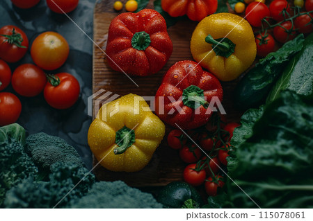 沾滿水珠新鮮的蔬菜整齊擺放在木板上 115078061