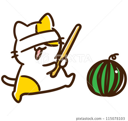 A cute cat character splitting a watermelon 115078103