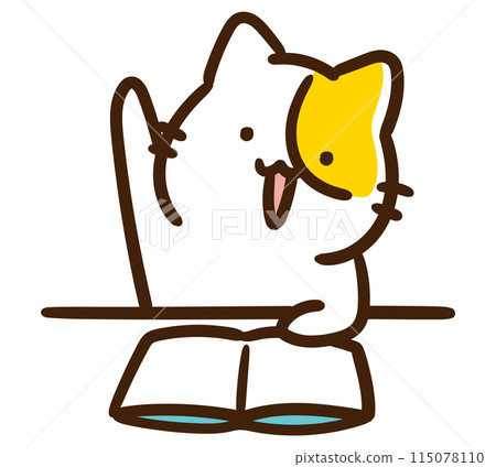 一個可愛的貓角色打開課本並舉起手的變形插圖 115078110