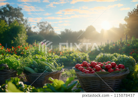 清晨各類蔬菜裝滿竹籃筐堆放在菜園前 115078437