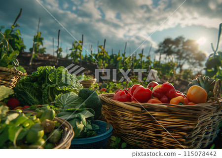 清晨各類蔬菜裝滿竹籃筐堆放在菜園前 115078442
