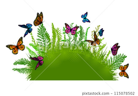 Silhouette of grass and leaves with butterflies. Hand drawing. Not AI. Vector illustration Silhouette of grass and leaves with butterflies. Hand drawing. Not AI. Vector illustration 115078502