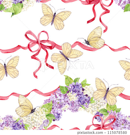 Seamless background with white and purple lilacs wrapped in pink silk ribbons. Watercolor spring flowers in botanical style. Hand drawing for printing on fabric, wrapping paper. 115078580