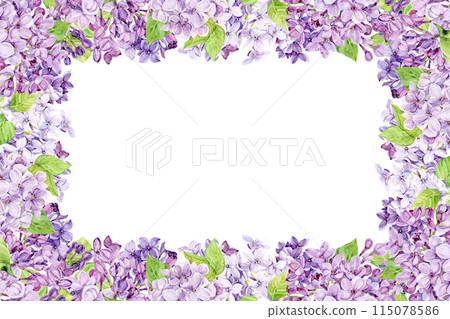 Watercolor horizontal frame with purple lilac on a transparent background. Rectangular border of spring flowers in lavender color. Create Provence Style Wedding Invitations, Save the Date. 115078586
