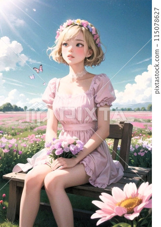 A girl in a pale pink dress sitting on a chair in a flower field 115078627