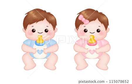 Cute baby boy and girl with a bottle of milk Cute baby boy and girl with a bottle of milk 115078652
