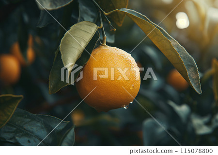 An orange hanging on an orange tree in front of the orange orchard in the early morning An orange hanging on an orange tree in front of the orange orchard in the early morning 115078800
