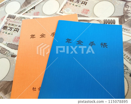 Pension book and banknotes 115078895
