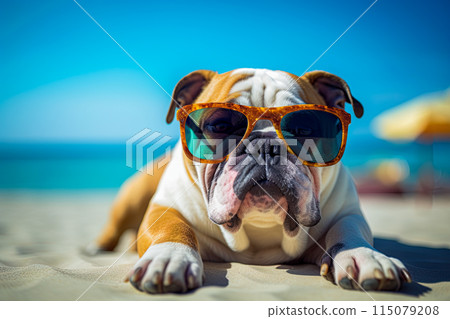 Bulldog at the beach wearing sunglasses. Relaxing and sunbathing by the sea. Ai Generative 115079208