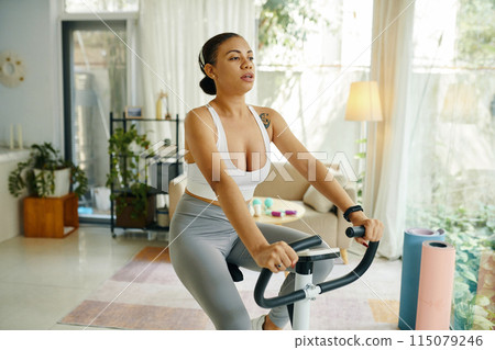 Woman Exercising on Stationary Bike Woman Exercising on Stationary Bike 115079246