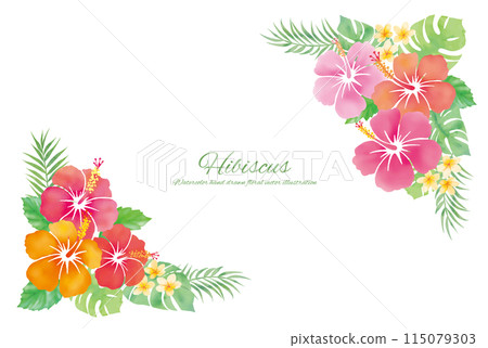 Watercolor hibiscus and tropical plants frame 115079303