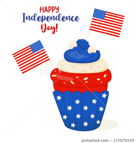Festive sweet cupcake with colorful blue, white and red icing with American flags. Postcard Happy Independence Day. Vector illustration in cartoon style. Festive sweet cupcake with colorful blue, white and red icing with American flags. Postcard Happy Independence Day. Vector illustration in cartoon style. 115079339