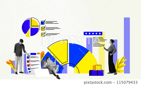 Strategic Planning and Evaluation. Business people engaged in various business tools such as checklists, pie charts, and performance bars. Conceptual design. Art collage. Strategic Planning and Evaluation. Business people engaged in various business tools such as checklists, pie charts, and performance bars. Conceptual design. Art collage. 115079433