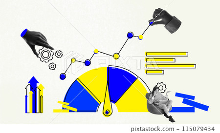 Dynamic business analysis, with woman engaged with gears and analytical charts. Ongoing and thoughtful analysis. Conceptual design. Art collage. 115079434