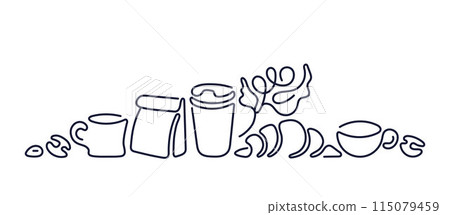 Coffee line logo. Cup, beans, croissant, takeaway Coffee line logo. Cup, beans, croissant, takeaway 115079459