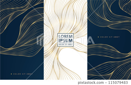 Vector set of wave gold patterns. luxury abstract line art, elegant curve textures. Premium labels, cards, minimal package, glitter silk shapes. Vector set of wave gold patterns. luxury abstract line art, elegant curve textures. Premium labels, cards, minimal package, glitter silk shapes. 115079483