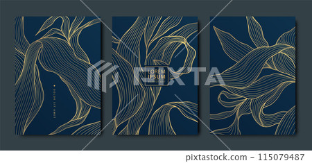 Vector set of luxury leaf gold backgrounds, flower patterns, abstract floral cards. Frames, beauty texture templates, art plant covers, elegant posters. Vector set of luxury leaf gold backgrounds, flower patterns, abstract floral cards. Frames, beauty texture templates, art plant covers, elegant posters. 115079487