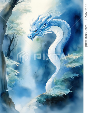 藍龍潛伏在龍洞水龍精神好運水彩繪畫插畫藝術 115079488