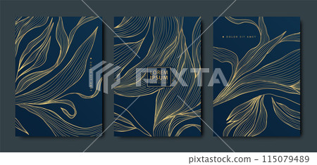 Vector set of luxury leaf gold backgrounds, flower patterns, abstract floral cards. Frames, beauty texture templates, art plant covers, elegant posters. 115079489