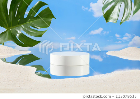 Photo taken against a background of blue sky and white clouds, white sand is spread on the glass surface, leaving a space in the middle to display a showcase platform. Space for text, frontal shot Photo taken against a background of blue sky and white clouds, white sand is spread on the glass surface, leaving a space in the middle to display a showcase platform. Space for text, frontal shot 115079533