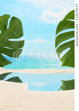 Summer style photo template with blue sea and white sand beach against the blue sky background, green color of a few leaves of tropical plant decorated on both sides. Summertime advertising pic 115079537