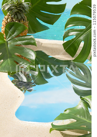 Product advertising pics in summertime, was shot from high angle with a vacant space in center for displaying product, decorated around by tropical green leaves and fresh pineapple, presentation space 115079539