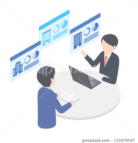 Two men in suits having a meeting while looking at information on multiple companies 115079547