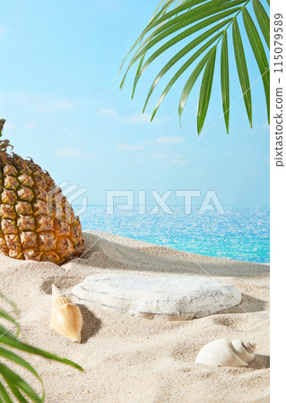 A blank rock pedestal placed in center of sand beach side next to a ripe pineapple and some shells, the background as scene of beautiful beach and blue sky. Front view photo has product showing space A blank rock pedestal placed in center of sand beach side next to a ripe pineapple and some shells, the background as scene of beautiful beach and blue sky. Front view photo has product showing space 115079589