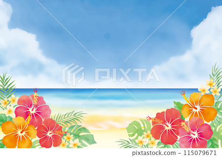 Watercolor hibiscus and sea background 115079671