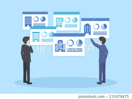 兩個西裝革履的男人一邊諮詢一邊查看很多公司的信息 115079875