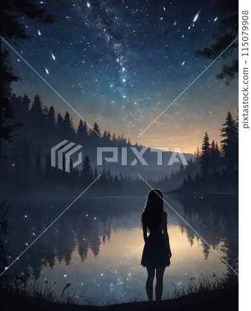 Night lake and woman illustration nature art Night lake and woman illustration nature art 115079908