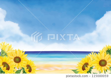 Hand-drawn background of sunflowers, summer cumulonimbus clouds and blue sky 115080059