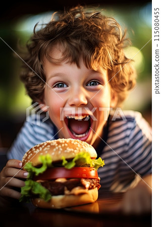 Happy child preparing to eat a big hamburger. Generative Ai Happy child preparing to eat a big hamburger. Generative Ai 115080455