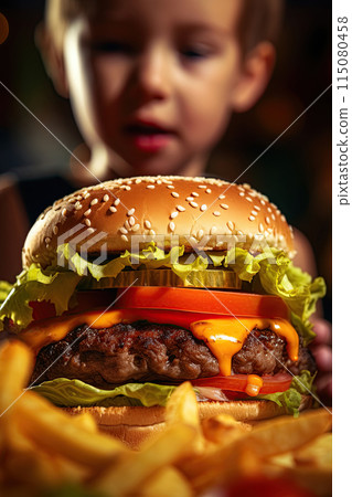 Big tasty hamburger and a child in a background. Generative Ai image 115080458