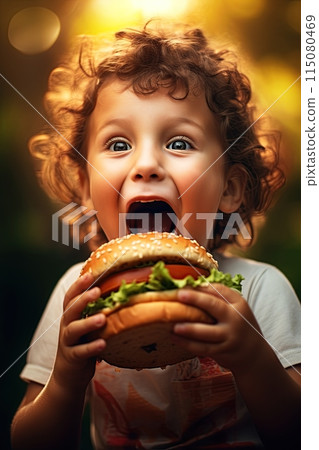 Happy child preparing to eat a big hamburger. Generative Ai 115080469