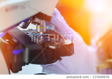 The scientist handed in blue gloves looking under a microscope to analyze the test sample. Medical Science Laboratory. 115080630